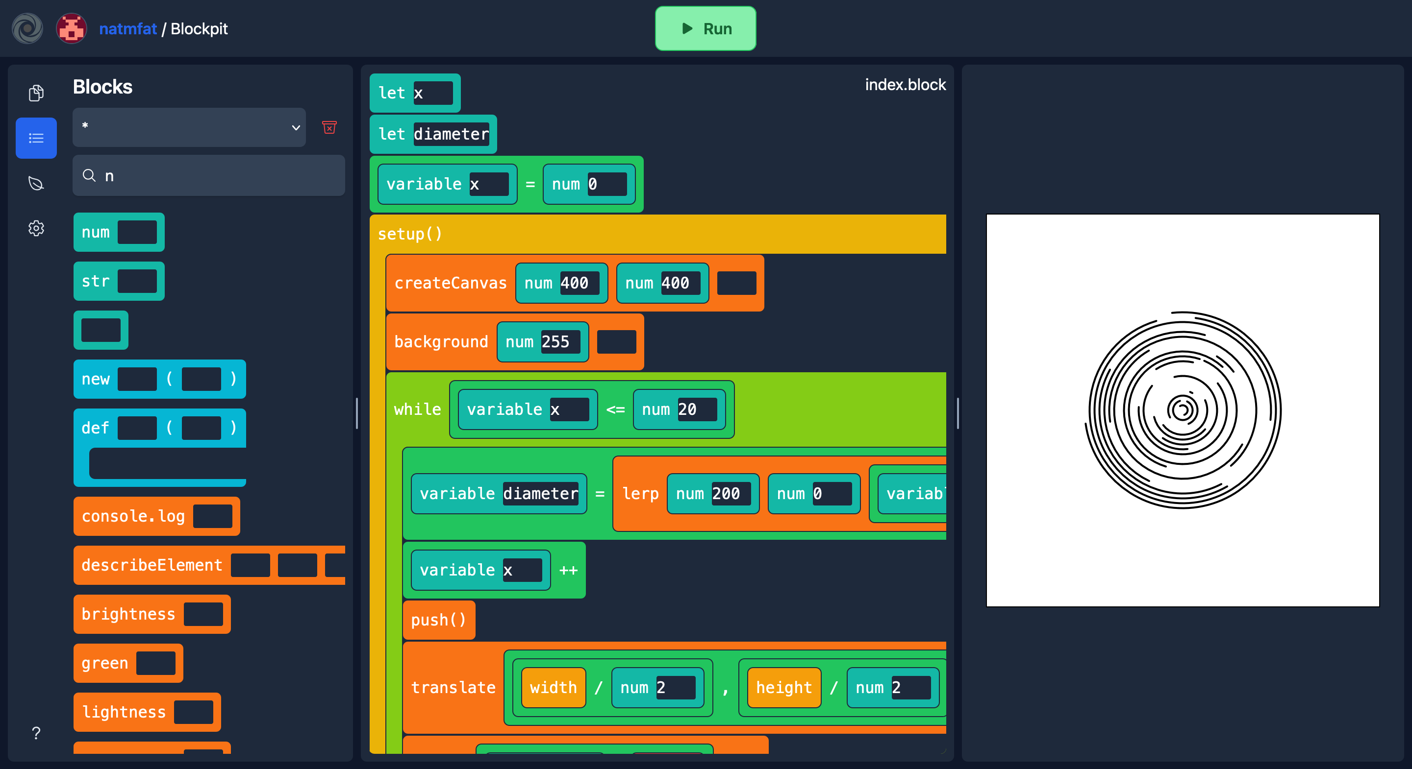 Using a template (in dark mode), blockpit v1