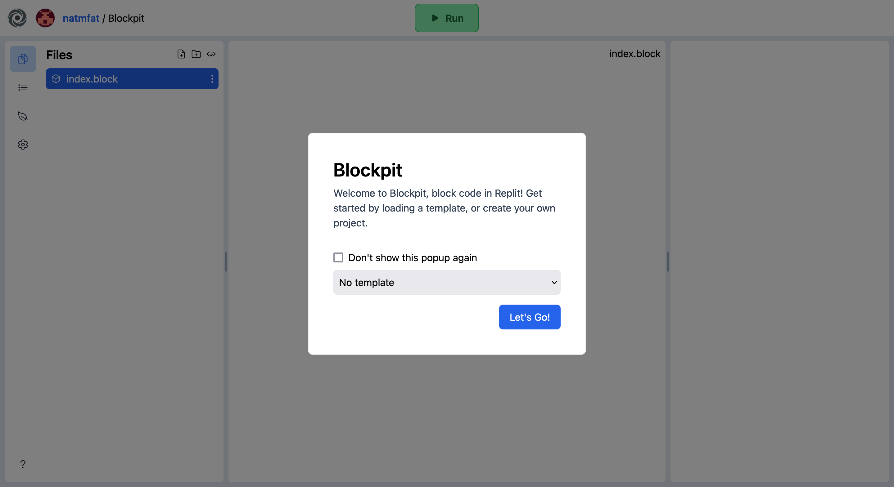 Welcome modal, blockpit v1